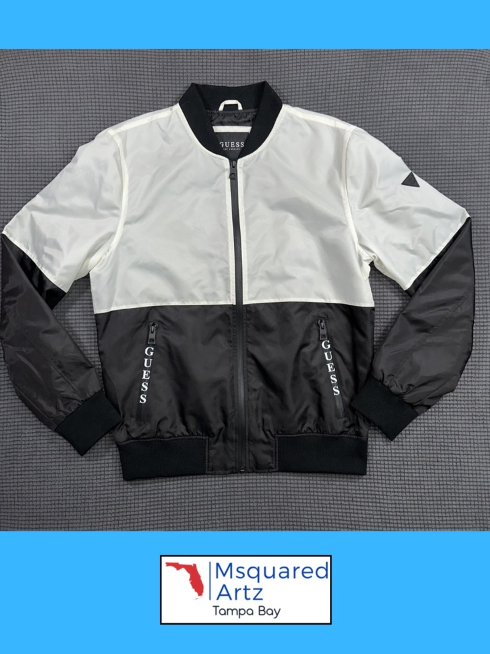 Guess Los Angeles Bomber Jacket Men Medium Black White Lightweight Full Zip Coat
